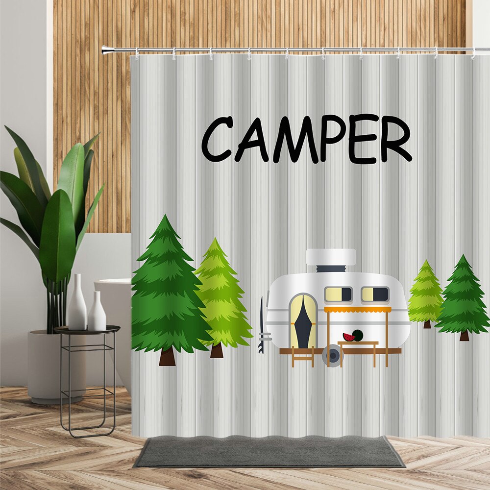 Forest Camping Poster Shower Curtain Camper Car Woods Bathroom Bath