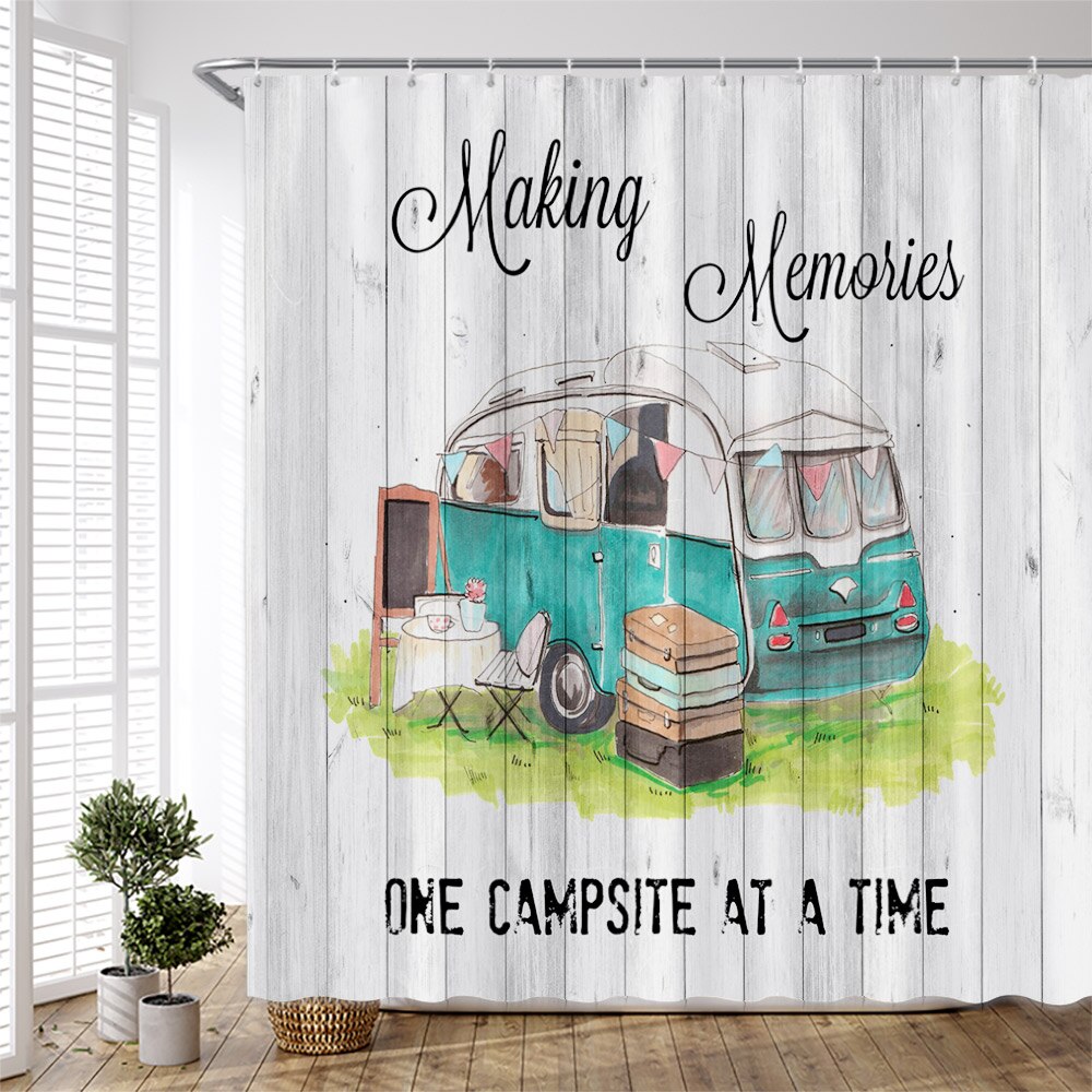 Forest Camping Poster Shower Curtain Camper Car Woods Bathroom Bath