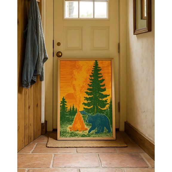 Forest Camping Print Adventurous Nature Outdoor Wilderness Art Camper Gift Idea Camp Wall Art Rustic Linoprint Decor, Unframed Paper Print