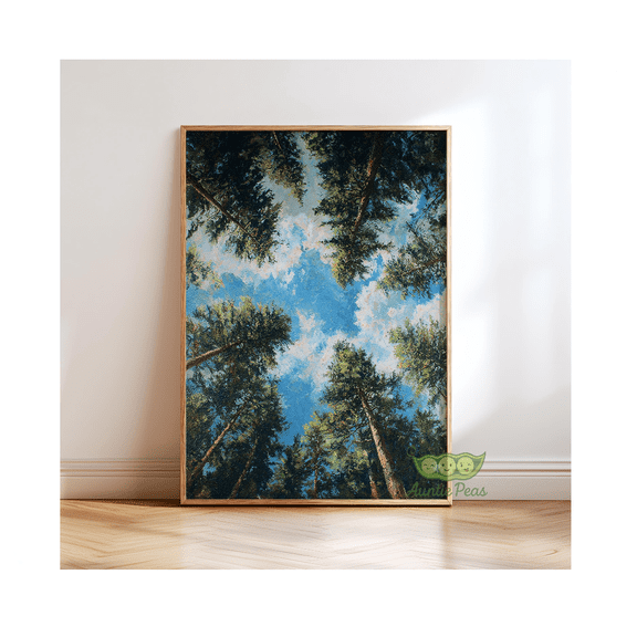 Forest Canopy Painting Wall Art Clouds Tree Sky Poster Outdoors Nature Landscape Art Calm Woodland Rustic Decor Vertical Nature Poster