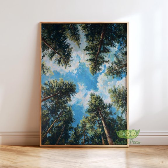 Forest Canopy Painting Wall Art, Clouds Tree Sky Print, Outdoors Nature Landscape Art, Calm Woodland Rustic Decor, Vertical Nature Poster, Poster Only