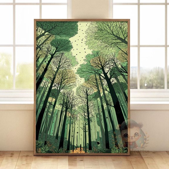Forest Canopy , Tall Trees Perspective , Green Woodland Scene , Home Decor , Poster , Poster Print Only
