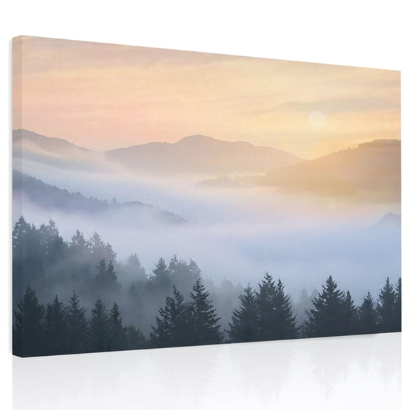 Forest Canvas Print Wall Art, Fog Misty Mountains Pine Tree Landscape Wall Decor Modern Artwork Paintings Pictures for Living Room Framed and Stretched Ready to Hang 12" x 16"