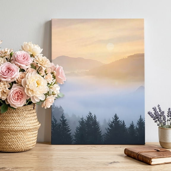 Forest Canvas Wall Art, Fog Misty Mountains Pine Tree Landscape Pictures Wall Decor Wooden Framed Artwork Art Prints for Living Room Hallway Bedroom Office 8"x10"