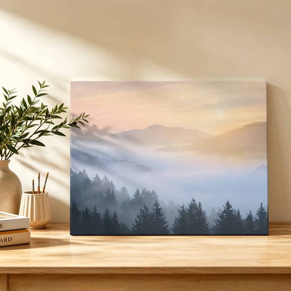 Forest Canvas Wall Art, Fog Misty Mountains Pine Tree Landscape Wall Art Prints Artwork Framed Canvas Ready to Hang Art Pictures for Bathroom, Dressing Table, Entryway 12" x 8"