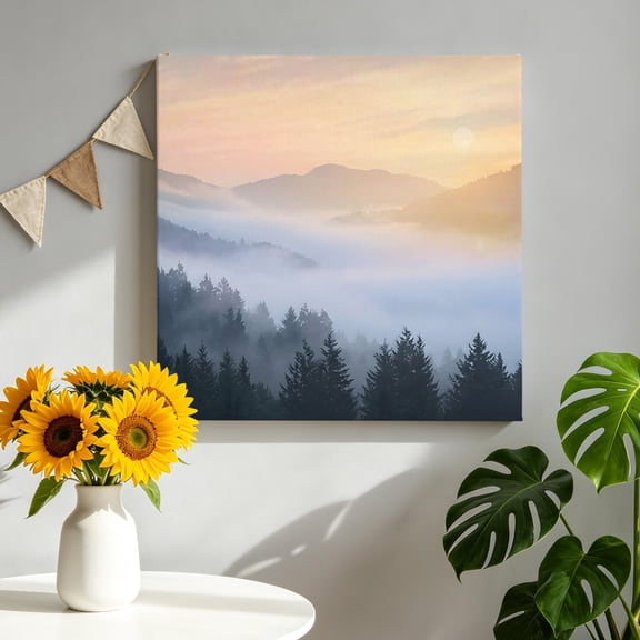 Forest Canvas Wall Art Framed Wall Decor for Living Room Bedroom Bathroom, Fog Misty Mountains Pine Tree Landscape Canvas Pictures Ready to Hang Decor, 10"x10"