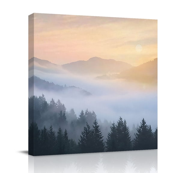 Forest Canvas Wall Art for Living Room, Fog Misty Mountains Pine Tree Landscape Poster Print Painting for Bedroom Office Home Decoration Wall Pictures Prepare To Hang 8"x8"