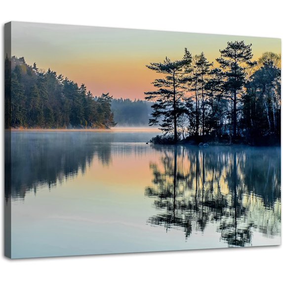 Forest Canvas Wall Art Print Green Forest with Lake Reflection Nature Wilderness Photography Modern Art Rustic Scenic Colorful Picture Artwork Wood Framed Wall Art Easy to Hang Size12 x16