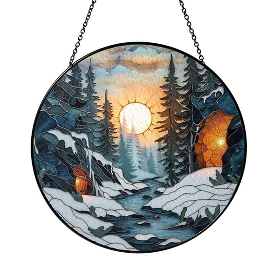 Forest Cave with Flowing River Stained Glass Window Hanging