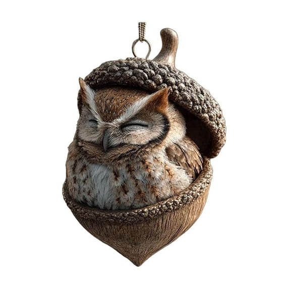 Forest Christmas Ornaments - 4in Acrylic Woodland Animal Tree Decoration, Handcrafted Sleeping Owl, Bunny, or Hedgehog in Acorn - Rustic Décor for Holiday or Home