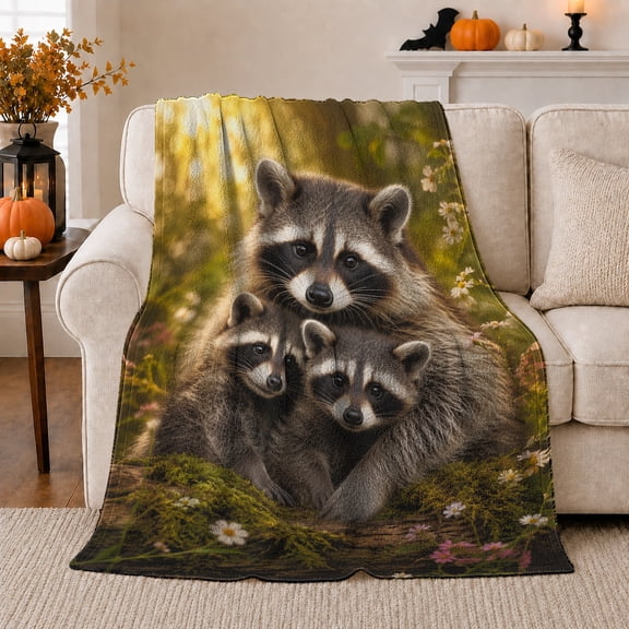 Forest Clearing Raccoon Family Art, Peaceful Woodland Scene, Warm Flannel Blanket for Cabin and Lodge with Detailed Artwork, Art Lovers Housewarming Gift, Artistic Home Decor
