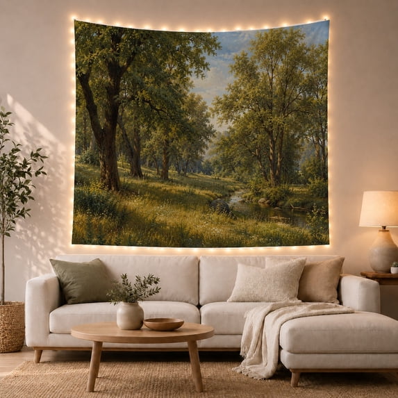 Forest Clearing Stream Landscape with Dappled Sunlight, Serene Boho for Nature Lovers, Botanical Wall Art, Housewarming Gift, Tapestry Wall Hanging for Bedroom and Living Room