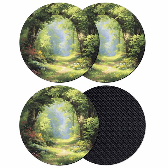 Forest Coasters Set of 4, Absorbent Coasters for Drinks, Nature Woodland Spring Scenic Green Trees Flower Coaster for Desk Coffee Table Protection, Home Decor House Warming Gifts 4"