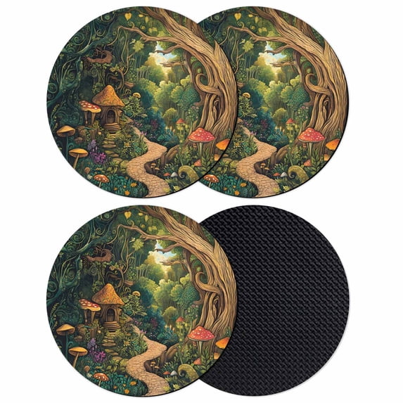 Forest Coasters Set of 4, Vintage Cottage Mushroom Tree Floral Green Absorbent Coasters for Drinks, Coaster for Bar Office Dining Coffee Table Accessories Decor, Non Slip Round Desk Coaster