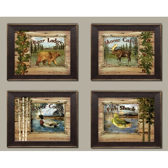 Forest Collage: Bear Lodge, Moose Cabin, Fish Shack, & River Camp; Cabin Lodge Decor; Four 10x8in Gold Trim Brown Framed Prints; Ready to hang!