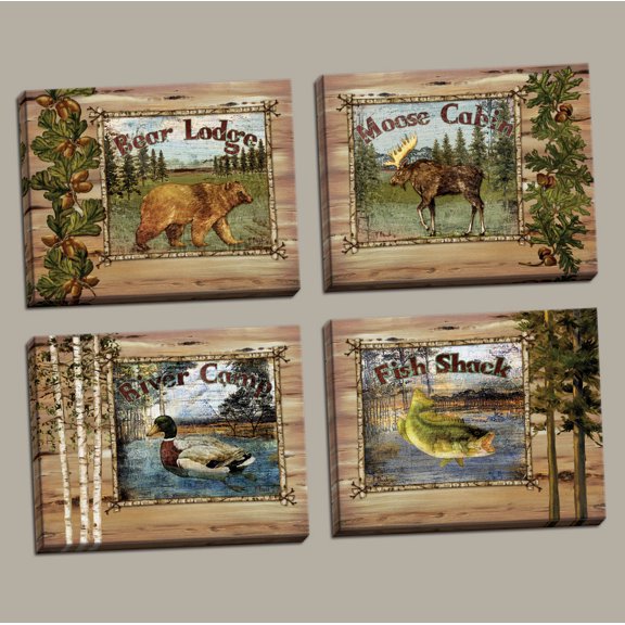 Forest Collage: Bear Lodge, Moose Cabin, Fish Shack, & River Camp; Cabin Lodge Decor; Four 10x8in Stretched Canvases