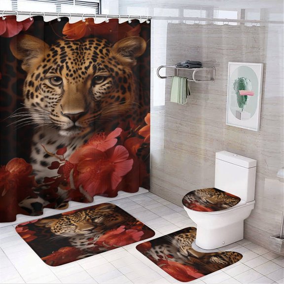 Forest Colored Leopard Flower Leaves 4pcs Shower Curtain Decoration ,modern Home Decoration, Waterproof Shower Curtain