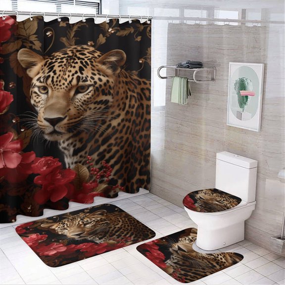 Forest Colored Leopard Flower Leaves 4pcs Shower Curtain Decoration ,modern Home Decoration, Waterproof Shower Curtain