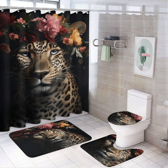 Forest Colored Leopard Flower Leaves 4pcs Shower Curtain Decoration ,modern Home Decoration, Waterproof Shower Curtain
