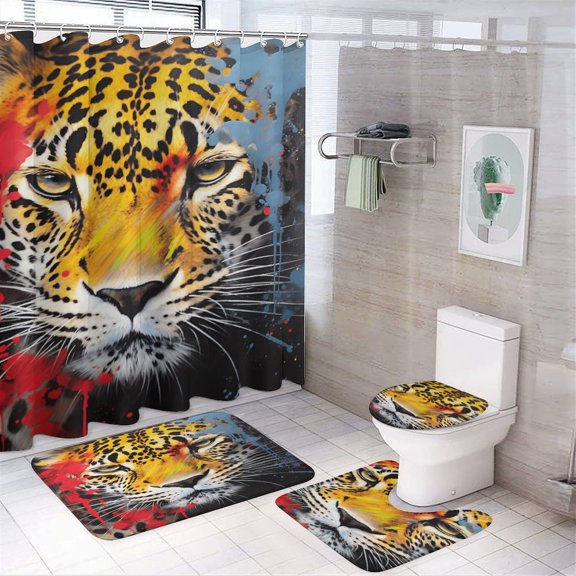 Forest Colored Leopard Flower Leaves 4pcs Shower Curtain Decoration ,modern Home Decoration, Waterproof Shower Curtain
