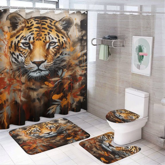 Forest Colored Leopard Flower Leaves 4pcs Shower Curtain Decoration ,modern Home Decoration, Waterproof Shower Curtain
