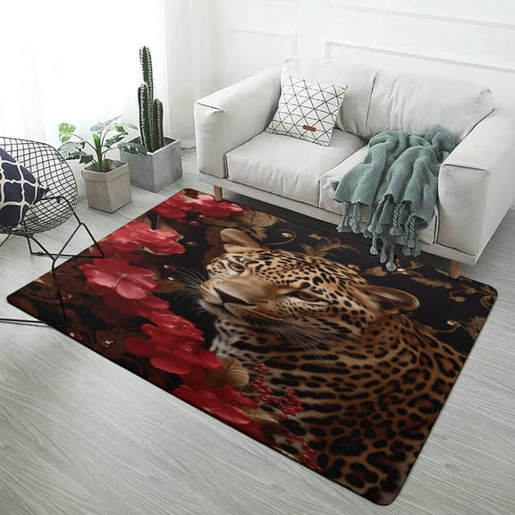 Forest Colored Leopard Flower Leaves Area Rugs Carpet Suitable for Living Room Kitchen Bedroom Laundry Room Home Decorations