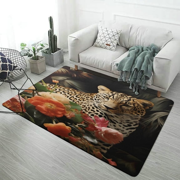 Forest Colored Leopard Flower Leaves Area Rugs Carpet Suitable for Living Room Kitchen Bedroom Laundry Room Home Decorations