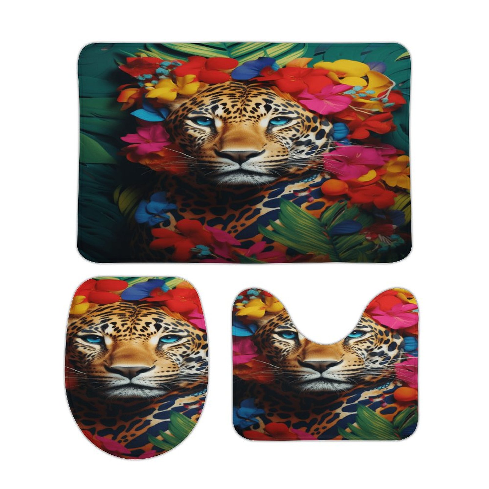 Forest Colored Leopard Flower Leaves Bathroom Mats Set 3-piece Bath ...