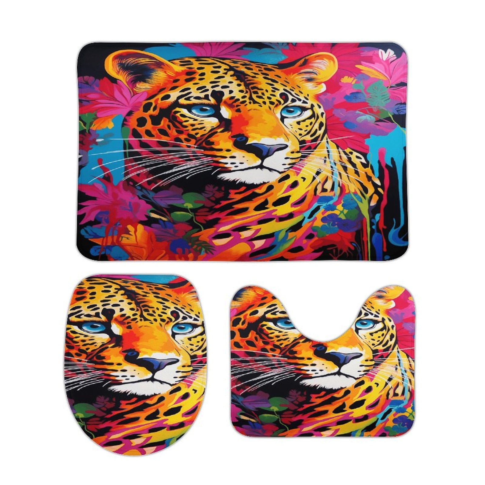 Forest Colored Leopard Flower Leaves Bathroom Rugs Set 3 Piece with Non ...