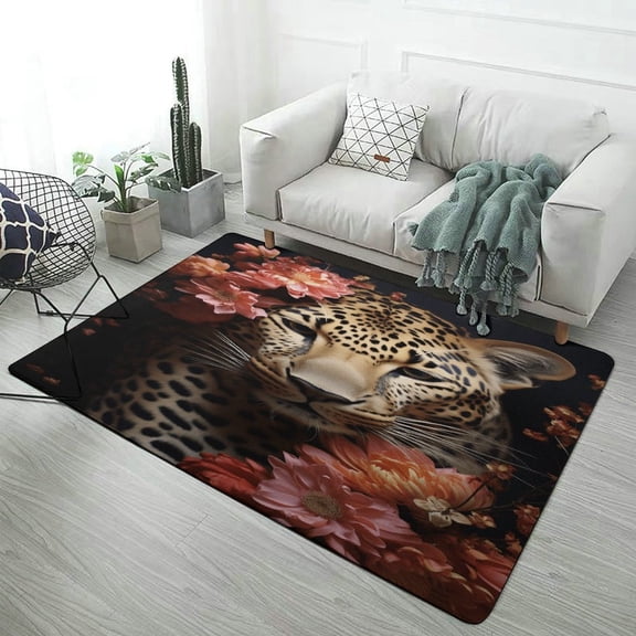 Forest Colored Leopard Flower Leaves Carpet Rug for Home Living Room Bedroom Sofa Doormat Decor Area Rug Non-slip Mat