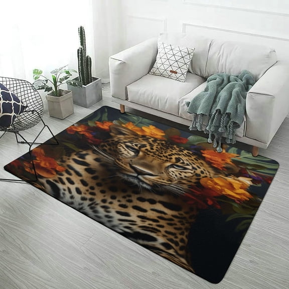 Forest Colored Leopard Flower Leaves Carpet Rug for Home Living Room Bedroom Sofa Doormat Decor Area Rug Non-slip Mat