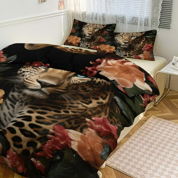 Forest Colored Leopard Flower Leaves Duvet Cover Set Themed Multicolor Polyester Bedding Set for Bedroom Decoration