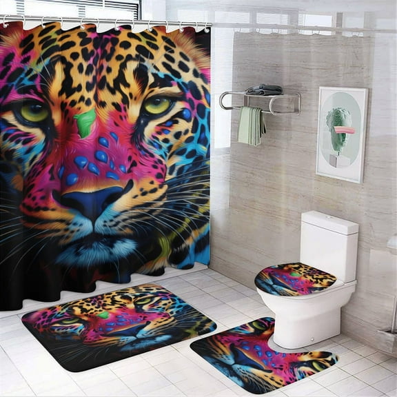 Forest Colored Leopard Flower Leaves Shower Curtain Set 4PCs with Hooks Waterproof Bathroom Toilet Mat Lid Decor 4pcs