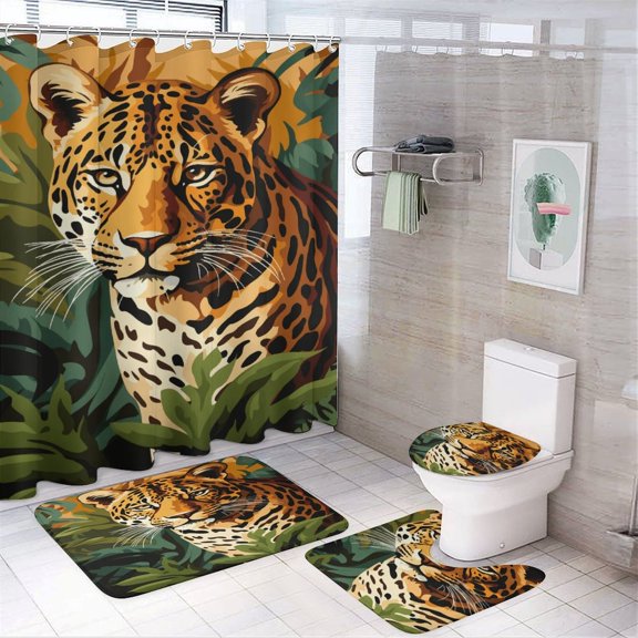 Forest Colored Leopard Flower Leaves Shower Curtain Waterproof Bathroom Curtain Set with Hooks Home Decor Bathroom Curtains 4pcs