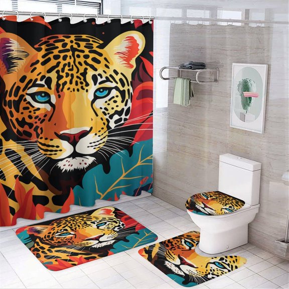 Forest Colored Leopard Flower Leaves Shower Curtain Waterproof Bathroom Curtain Set with Hooks Home Decor Bathroom Curtains 4pcs