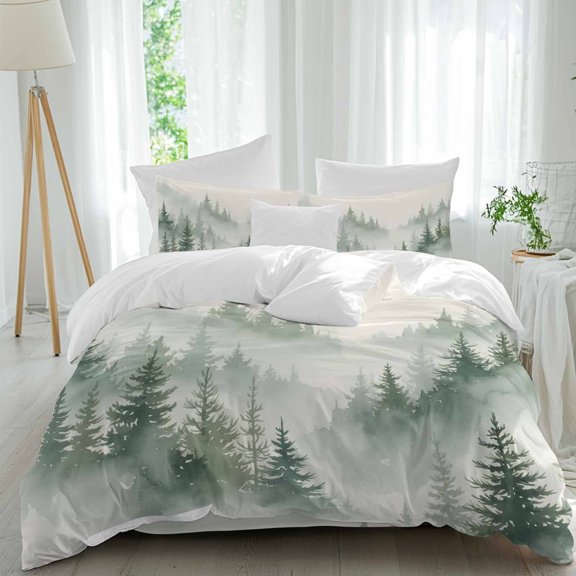 Forest Comforter Set Twin Size, Fantasy Watercolor Rustic Cottagecore Nature Tree Plant Soft Bedding Set for Man Woman, 4 Pieces Duvet Cover Set with Fitted Sheet, 2 Pillowcases