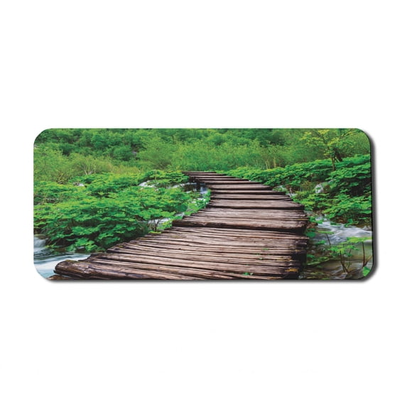 Forest Computer Mouse Pad, Pathway in Pond over the Lake Natural Organic Life Rainforest's into the Wild Photo, Rectangle Non-Slip Rubber Mousepad X-Large, 35" x 15", Brown Green, by Ambesonne
