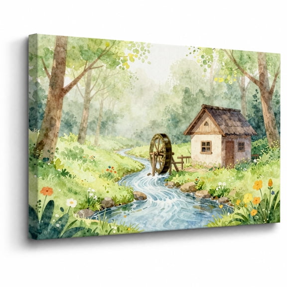 Forest Cottage Canvas Wall Art Framed Decor Water Mill House Stream Countryside Landscape canvas print for bathroom bedroom or living room