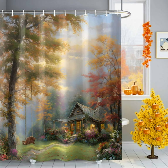 Shower Curtains Sets for Bathroom Decor Forest Cottage Fall Maple Leaf Waterproof Bathroom Curtain with Hooks, Watercolor Floral Meadow for Bathroom Decor,36x72IN