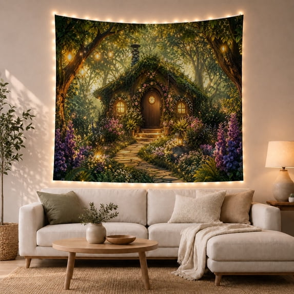 Forest Cottage Nestled With Art Scene, Mystical Fantasy for Space Lovers, Galaxy Room Decor Room Accent, Mother's Day Gift, Tapestry Wall Hanging for Bedroom and Dorm