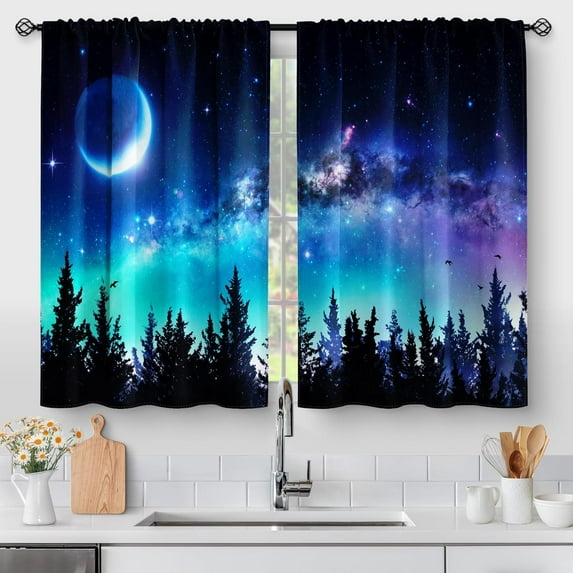 Forest Country Kitchen Curtains - Moon Rustic Modern Aesthetic Art Short Cafe Tier Curtains Decor for Living Room Starry Galaxy Rod Pocket Window Drapes 36 Inch Length 2 Panels Set 28"X36"