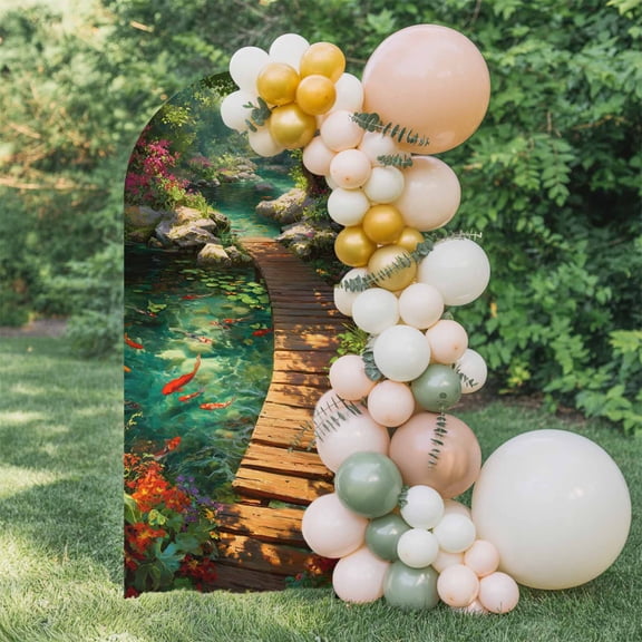 Forest Creek Bridge Arch Backdrop Cover 4 FT, Rustic Wooden Path Green Tree River Botanical Wedding Arch Cover Stretchy Backdrop Stands Covers for Birthday Party Ceremony Banquet Decor