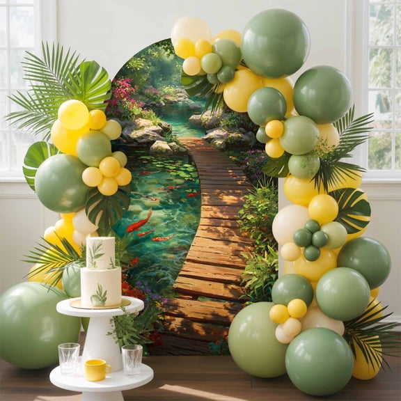 Forest Creek Bridge Arch Backdrop Cover, 4FT, Rustic Wooden Path Green Tree River Botanical Spandex Arch Covers Double-Sided Backdrop for Wedding Birthday Party Photo Background Decoration