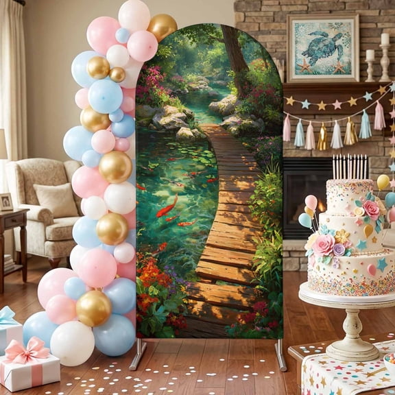 Forest Creek Bridge Arch Backdrop Covers 4 FT, Rustic Wooden Path Green Tree River Botanical Stretchy Fitted Arched Stand Covers Party Arch Stand Cover Photo Booth for Wedding Birthday Decor