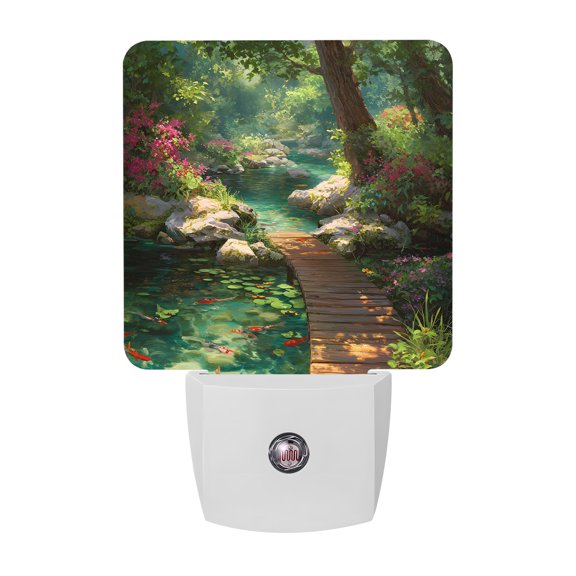Forest Creek Bridge Night Lights, Rustic Wooden Path Green Tree River Botanical Smart Auto Dusk to Dawn Sensor Nightlights Plug-in Nightlight for Bedroom Bathroom Living Room Kitchen Hallway