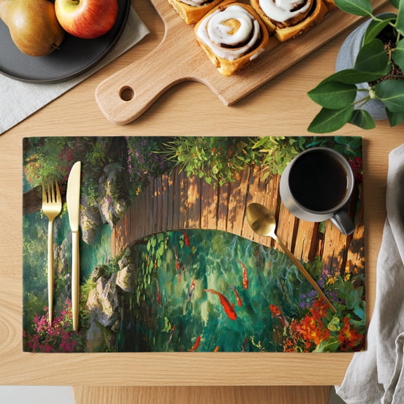 Forest Creek Bridge Placemats Set of 1, Rustic Wooden Path Green Tree River Botanical Non-Slip Place Mats Washable Table Mats for Kitchen Dining Table Decorations Indoor/Outdoor