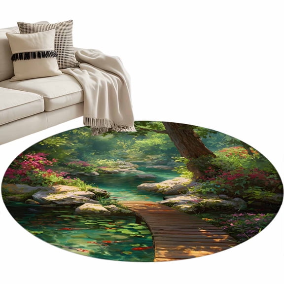 Forest Creek Bridge Round Area Rugs 3 ft, Rustic Wooden Path Green Tree River Botanical Washable Small Area Rug with Non-Slip Sturdy Edge Binding Round Front Door Mat Floor Carpet for Entryway