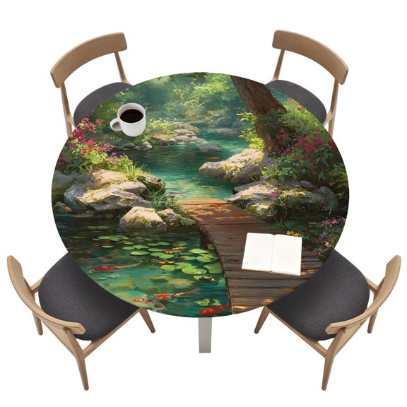 Forest Creek Bridge Round Fitted Table Cover Rustic Wooden Path Green Tree River Botanical Waterproof Table Cloth with Elastic Edge Wipeable Tablecloth for Picnic Camping Party Fits 36"-44" Tables