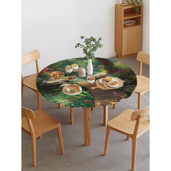 Forest Creek Bridge Round Fitted Tablecloth with Elastic Edge, Rustic Wooden Path Green Tree River Botanical Waterproof Stretch Table Covers for 45"-54" Tables Wipeable Table Cloth for Outdoor