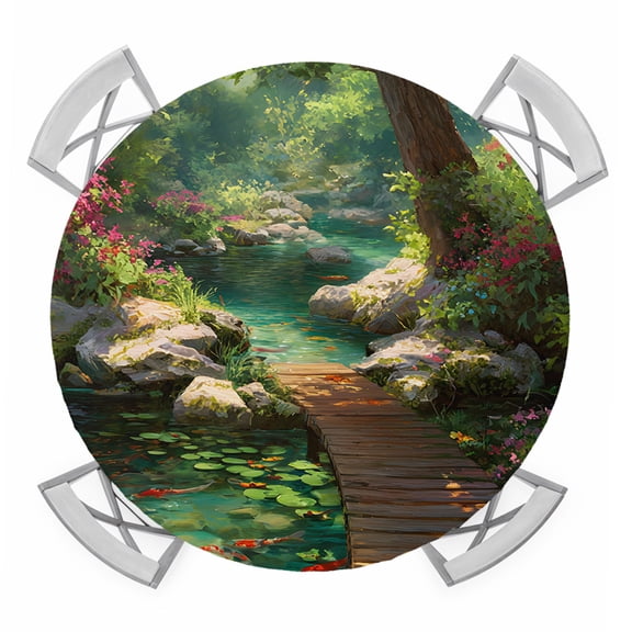 Forest Creek Bridge Round Table Cover, Rustic Wooden Path Green Tree River Botanical Waterproof Fitted Tablecloths for 36"-44" Tables, Washable Picnic Table Cover for Camping Dining Indoor Outdoor